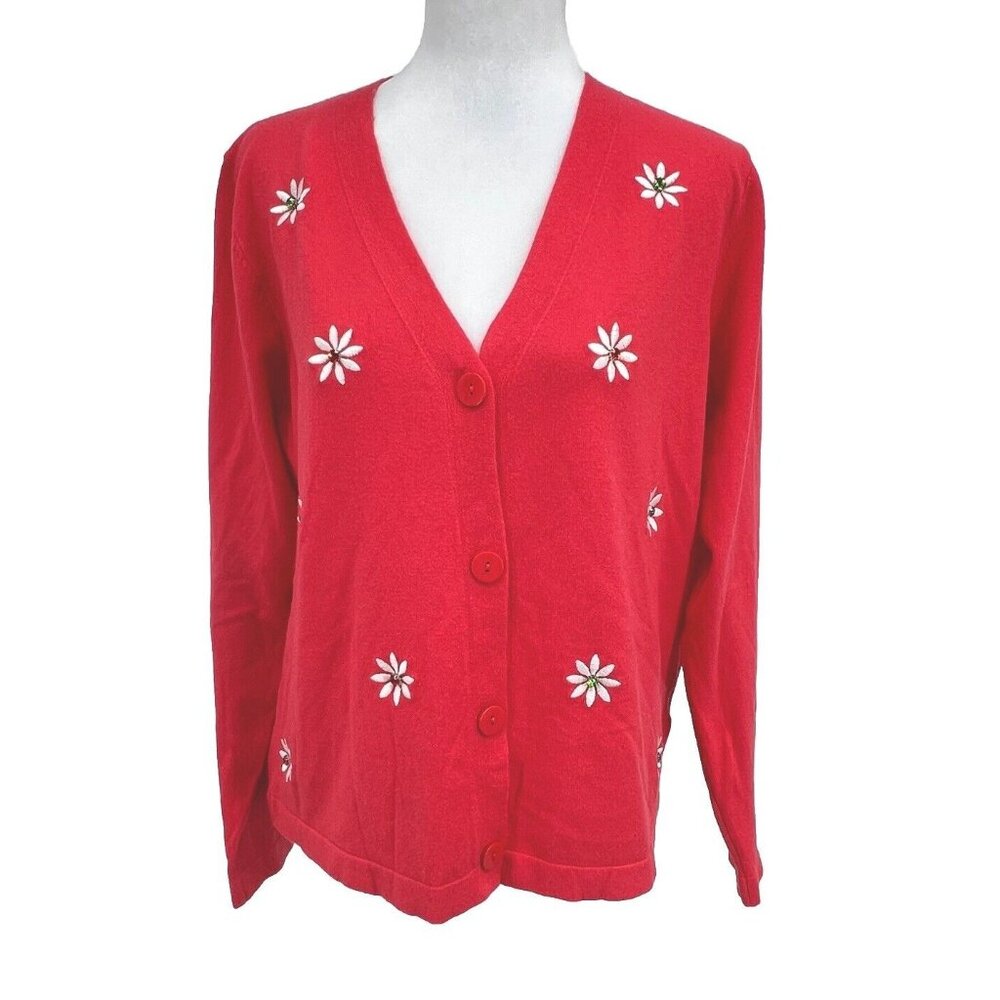 Liv Milano Coral Pink Cardigan Sweater Size M V Neck Flower Embellished Grannie